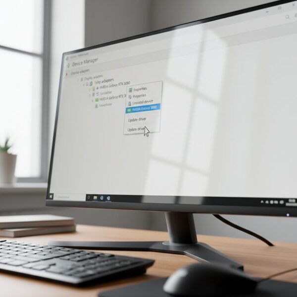 パソコンのグラフィックドライバーを更新する手順のイメージ。デバイスマネージャーを開き、ディスプレイアダプターのプロパティからドライバーの更新を選択し、画面表示の不具合を解消する。