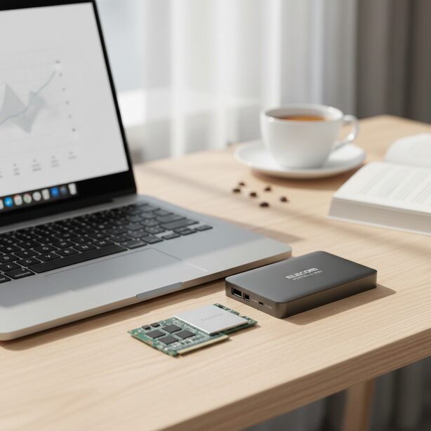 明るいデスクの上に置かれたエレコム製の外付けSSDと内蔵M.2 SSD。ノートパソコンと共に並べられ、製品の評判やコスパの良さ、メリット・デメリットの比較検討をしている様子。