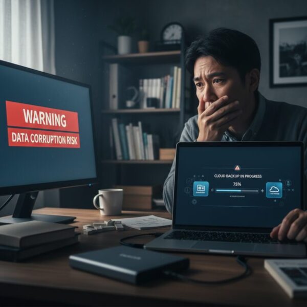 パソコン画面のエラー表示を見て不安がるユーザーと、エレコムSSDが壊れる評判に備えて、別のストレージへ定期的にデータをバックアップし、万が一の故障対策を行っている手元。