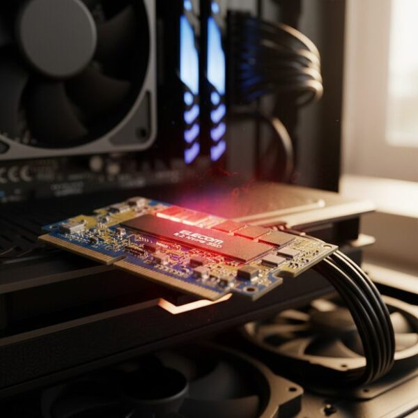 サーモグラフィーで表示されたエレコム製M.2 SSD。コントローラー部分が高温になっている様子を示し、製品の耐久性や寿命に関わる発熱の問題と対策の重要性を表現している。