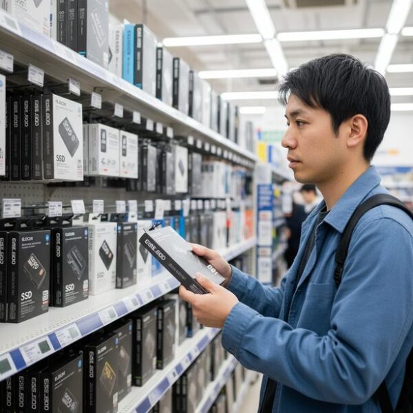 家電量販店の棚に並ぶエレコムやSamsung、Crucialなど主要メーカーのSSD製品。顧客が各製品を手に取り、価格や性能、評判を基に他社比較をしている様子。