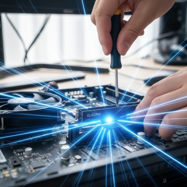 デスクトップPCのマザーボードにエレコム製の内蔵M.2 SSDを取り付ける様子。SSDから放たれる光が、PC全体の動作を劇的に高速化させるパフォーマンス向上を象徴している。