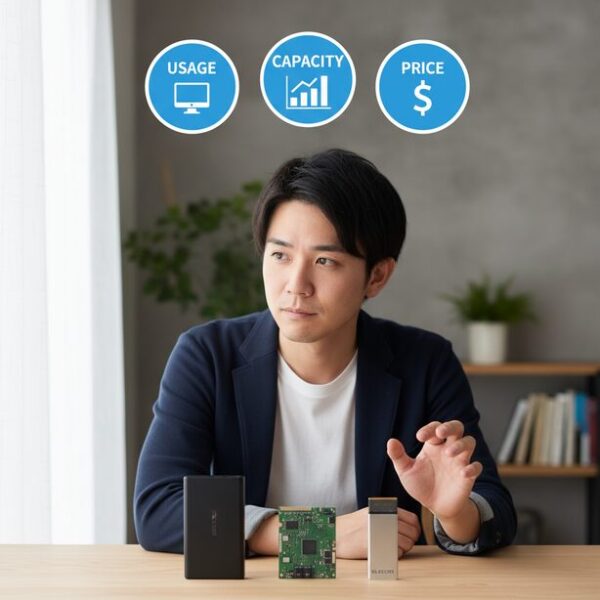 用途や容量を考えながら、エレコムの外付け、内蔵M.2、スティック型という種類のSSDの中から、初心者でも自分に合ったおすすめモデルを選ぶための比較検討をしている様子。