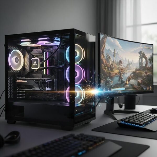 LEDで光るゲーミングPCのモニターに映し出されたゲーム画面。内蔵されたエレコムSSDの高速なロード性能により、快適なゲーミング環境が実現され、プレイヤーの没入感を高めている。