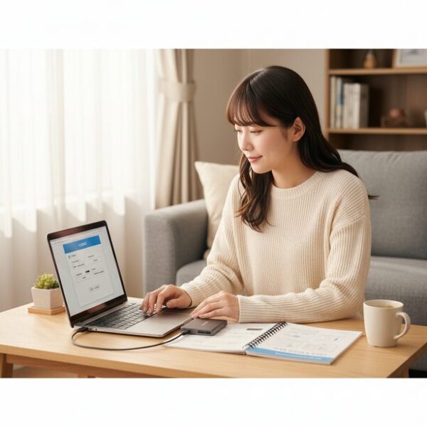 初心者がエレコムSSDの分かりやすい日本語マニュアルを見ながら、パソコンで簡単な初期設定やフォーマットを行っている。使い方に迷うことなく、安心してセットアップできる様子。