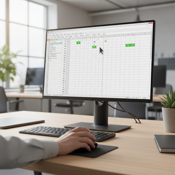 Excel画面でマウスポインタの位置と選択セルがずれる現象。オフィスのデスクで意図しないセルが選択されて作業が進まず困っている状況を表現。クリック位置の不一致や選択範囲のずれといったトラブルの解決策を探す。