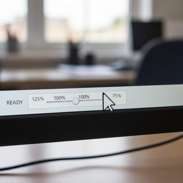 Excelの画面右下にある表示倍率のズームスライダーを操作し、100%に戻す様子。マウスのずれを解消するための最も基本的で効果的な対処法であり、最初に試すべき簡単な解決策。