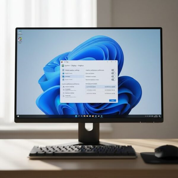 最新OSであるWindows 11の設定画面を開き、ディスプレイやグラフィックに関する項目を確認している様子。OS固有の設定を見直すことで、Excelで発生するマウスポインタのずれ問題を解決するための手順。