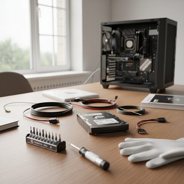 デスクトップPCのHDD増設に必要なパーツがデスク上に整理された様子。3.5インチHDD本体を中心に、SATAケーブルやドライバー、静電気防止手袋が並び、自分でパソコンをアップグレードする準備が整っている。