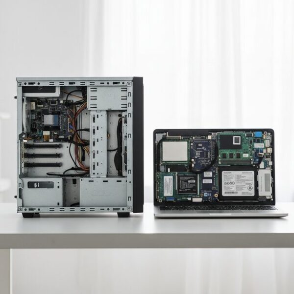 HDD増設におけるデスクトップPCとノートPCの違いを比較。左のデスクトップPCは内部に空きベイがあり、右のノートPCはパーツが密集しており、換装が基本であることが視覚的に理解できる。