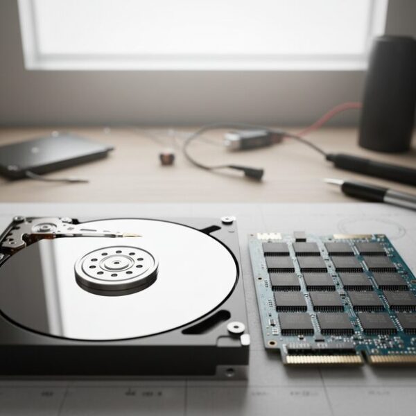 HDDとSSDの内部構造の違いを比較。左側には磁気ディスクが回転するHDD、右側には半導体メモリチップが並ぶSSDが置かれ、データ記録方式の根本的な違いと速度差の理由を視覚的に表現。