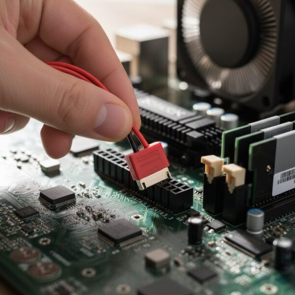 HDD増設のためにマザーボード上の空きSATAポートを確認。L字型の特徴的な形状をしたSATAポートに、赤いSATAデータケーブルを接続しようとしている手元のクローズアップ。ポートの位置と形状がよくわかる。