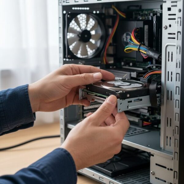 HDDの物理的な取り付け手順のイメージ。PCケース内部の3.5インチドライブベイに、新しいHDDを慎重にスライドさせて固定している作業風景。手順に沿った丁寧な作業の重要性がわかる。