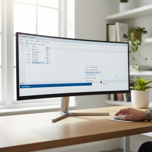 Windowsの「ディスクの管理」で新しいHDDをフォーマット(初期化)する手順。モニター画面に表示された「未割り当て」領域を右クリックし、ボリュームを作成してドライブとして使えるように設定している。