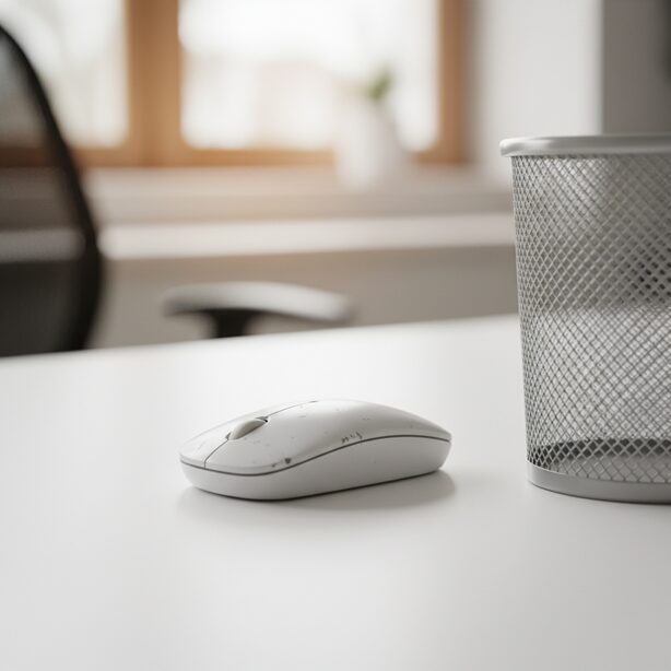 白いデスクの上で処分方法に悩む、壊れた古いパソコン用ワイヤレスマウス。横にはゴミ箱があり、自治体のルールに従った正しい捨て方やリサイクルの必要性を示唆している。