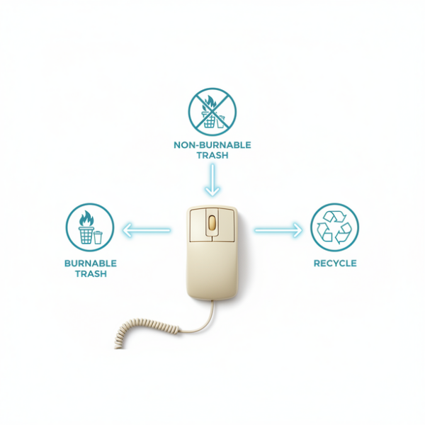 壊れたマウスが何ゴミになるかを示す概念図。中央のマウスから燃えるゴミ、燃えないゴミ、小型家電リサイクルのアイコンへ矢印が伸び、自治体による分別ルールの違いを表現。