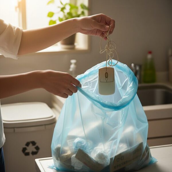 自治体のルールに従い、壊れた有線マウスを燃えないゴミとして指定のゴミ袋に入れる手元。家庭での一般的な処分方法の手順を示し、適切なゴミの分別を促している。