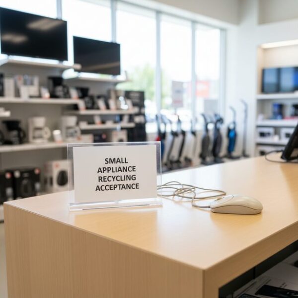 家電量販店のサービスカウンターに置かれた、回収を待つ古いパソコン用マウス。小型家電リサイクル法に基づき、店舗が提供する便利な無料または有料の引き取りサービスを表現。