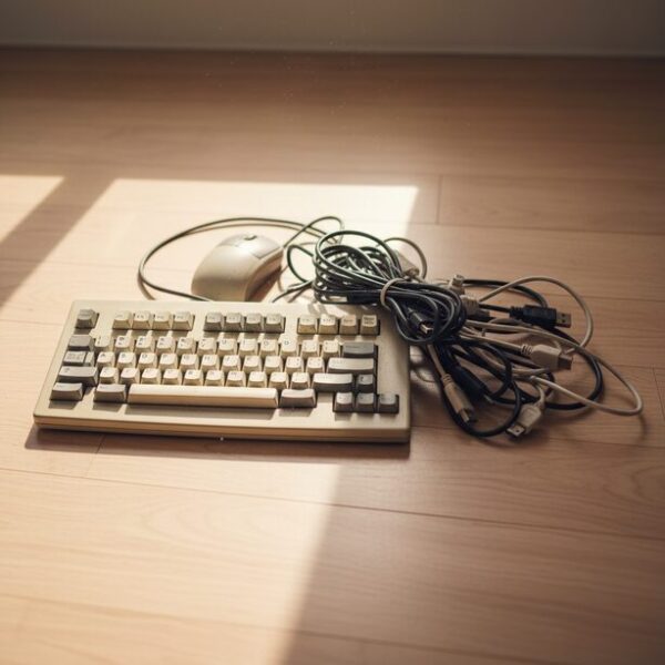 処分するために一箇所に集められた古いパソコンのキーボード、マウス、束ねられたケーブル類。周辺機器をまとめて捨てる際の、自治体のルールに沿った正しい分別方法の必要性を示す。