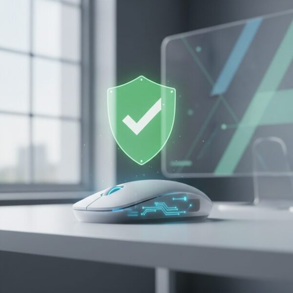 パソコン用マウスの上に浮かぶ、セキュリティが安全であることを示す緑色の盾とチェックマークのアイコン。通常のマウスには記憶装置がないため、データ消去不要で情報漏洩の心配がないことを表す。