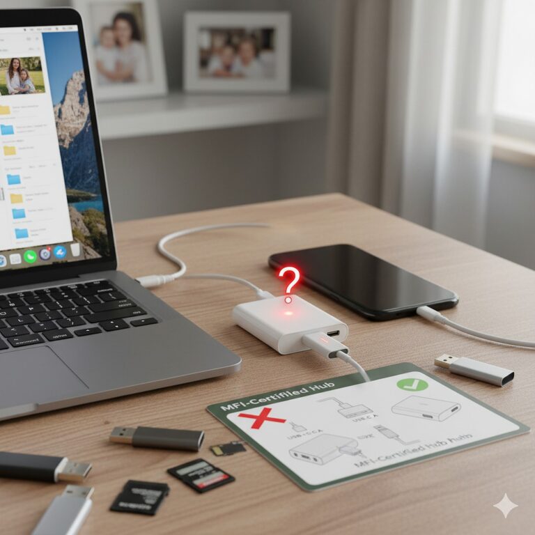 iPhoneにUSBメモリを接続しても認識されず、変換アダプタを手に困った表情を浮かべる男性。デスクの上で写真や動画のデータ転送トラブルに見舞われ、原因と対処法を探している様子。
