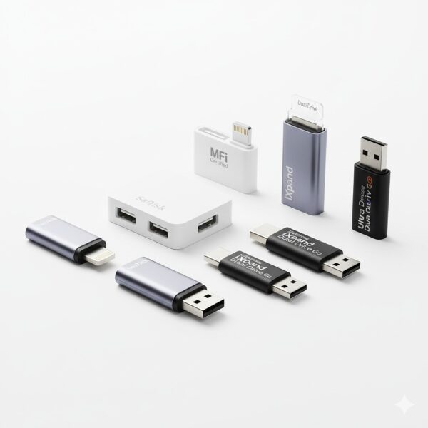iPhone対応のおすすめ製品として、Apple純正の変換アダプタやMFi認証のデュアル端子USBメモリを並べて紹介。LightningやUSB-Cなど、用途に合った製品選びの参考。