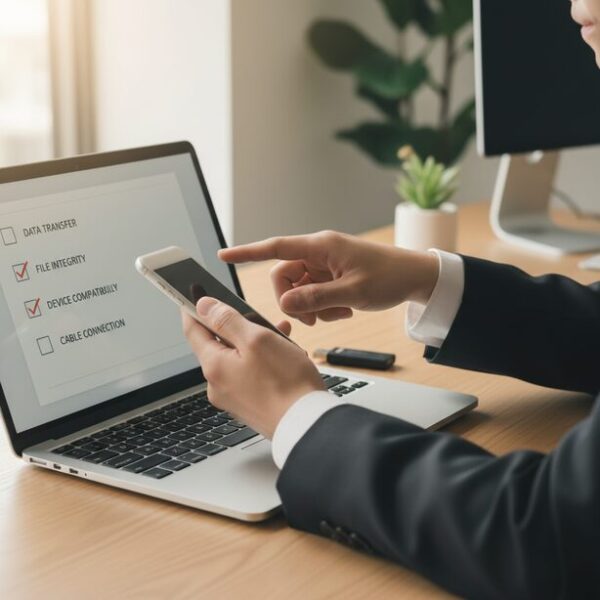 iPhoneとUSBメモリが認識しない原因を特定するため、ノートPC画面のチェックリストを確認する様子。物理的な接続不良や電力不足、フォーマット形式など、考えられる問題を一つずつ確認している。