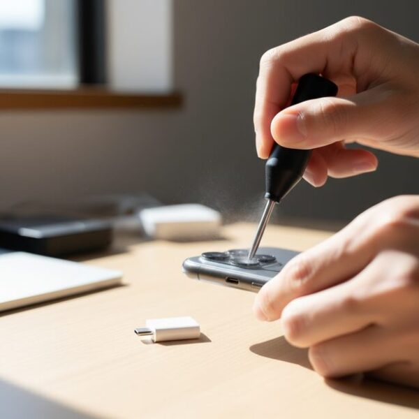 iPhoneがUSBメモリを認識しないため、基本的な対処法として接続ポートをエアダスターで清掃する。接触不良の原因となるホコリを取り除き、変換アダプタとの物理的な接続を確認する様子。