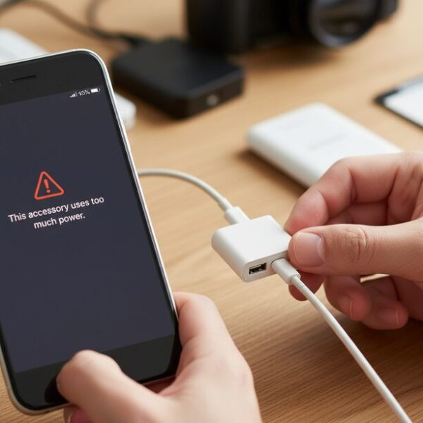 iPhone画面にUSBメモリの電力不足エラーが表示され、給電ポート付きのLightning変換アダプタに充電ケーブルを接続して対処する。消費電力の大きいアクセサリを安定動作させる解決策。