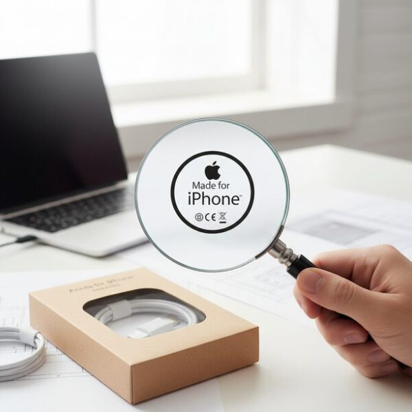 iPhone用USB変換アダプタのパッケージにあるMFi認証ロゴを拡大して確認する様子。iOSアップデート後も安心して使える、Appleの性能基準を満たした製品を選ぶ重要性を示している。