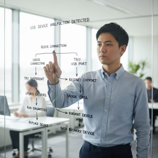 USBメモリが認識しない問題に対し、フローチャートを使って症状別に具体的な対処法を確認する。接続の再確認からフォーマット、アダプタ交換まで、順を追ってトラブルを解決していく手順。