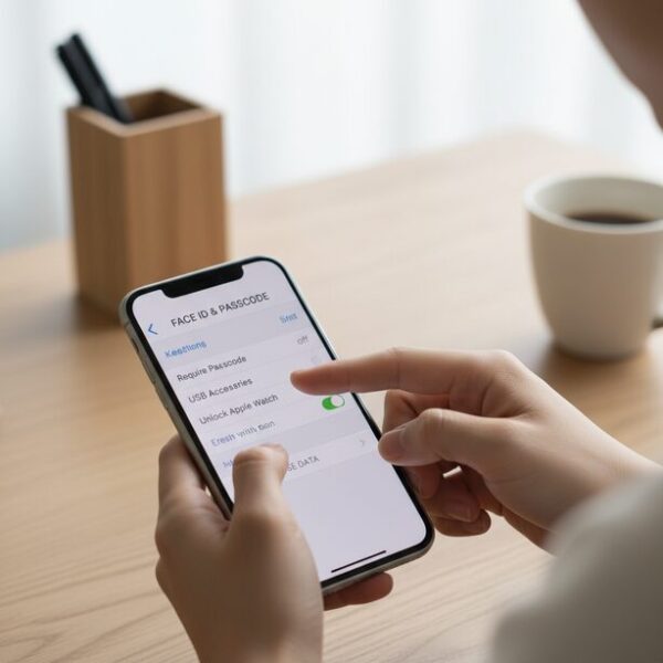 iPhoneのセキュリティ設定画面で「USBアクセサリ」の項目を見直す様子。ロック中にUSBメモリなどのアクセサリ接続を許可するかどうかを変更し、認識しない問題の解決を図る。
