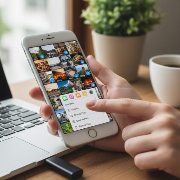 iPhoneの写真アプリでバックアップしたい大切な写真を選択し、共有メニューから「ファイルに保存」を選んでUSBメモリへ転送する手順。本体の容量不足を解消するためのデータ保存方法。