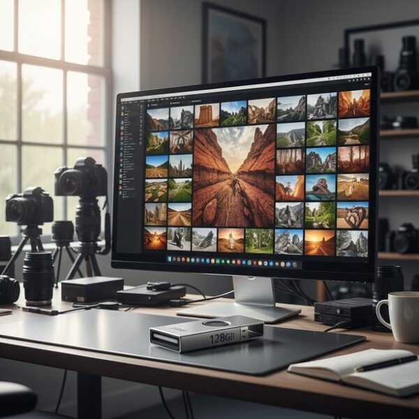 写真や4K動画の保存に最適な大容量USBメモリ。クリエイターのPCモニターに表示された大量の画像データのバックアップ用途として、128GBモデルがデスクに置かれている。