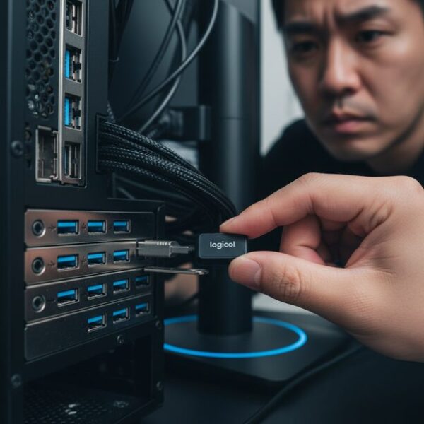 パソコンのUSBポートを確認し、Logicoolのレシーバーを差し替えている手元。マウスが認識しない場合、PCの再起動や、電力供給が安定する本体背面のUSBポートへの接続が有効な対処法。