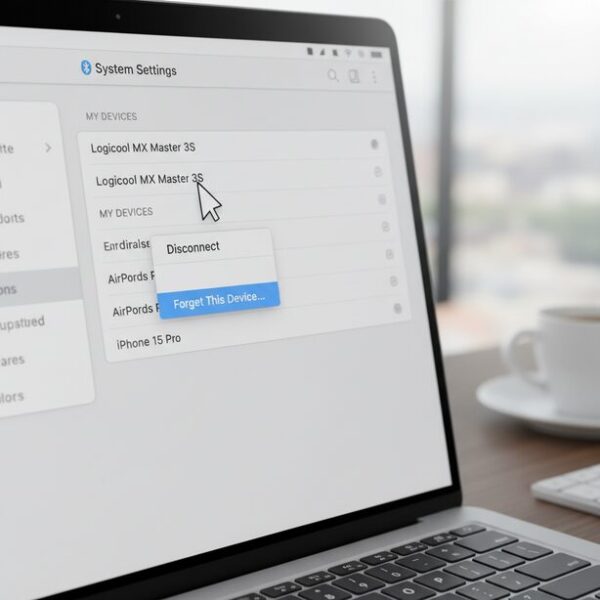 MacのBluetooth設定画面でLogicoolマウスのペアリング情報を削除している様子。接続が不安定な場合、一度デバイスの登録を解除してから再ペアリングすることで問題が解決することがある。