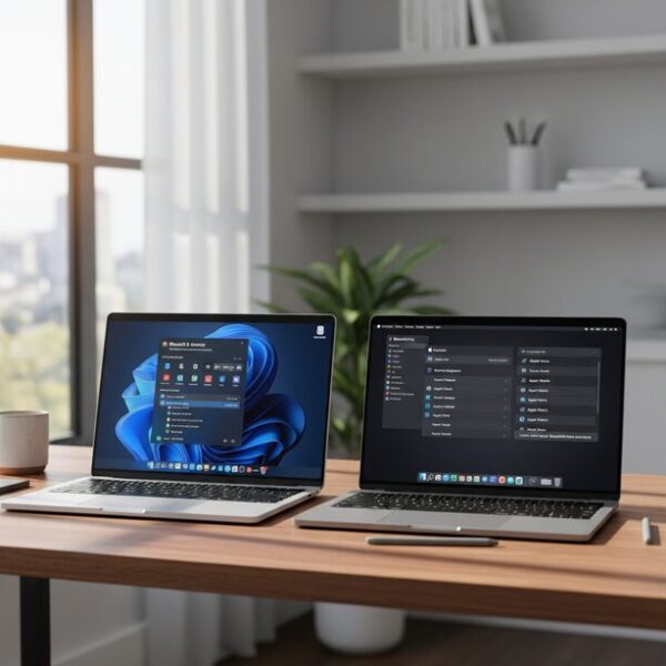 Windows 11とmacOSのパソコンが並び、それぞれのBluetooth設定画面が表示されている。OSごとにLogicoolマウスの接続トラブルの対処法は異なり、各OS固有の解決策を解説する。