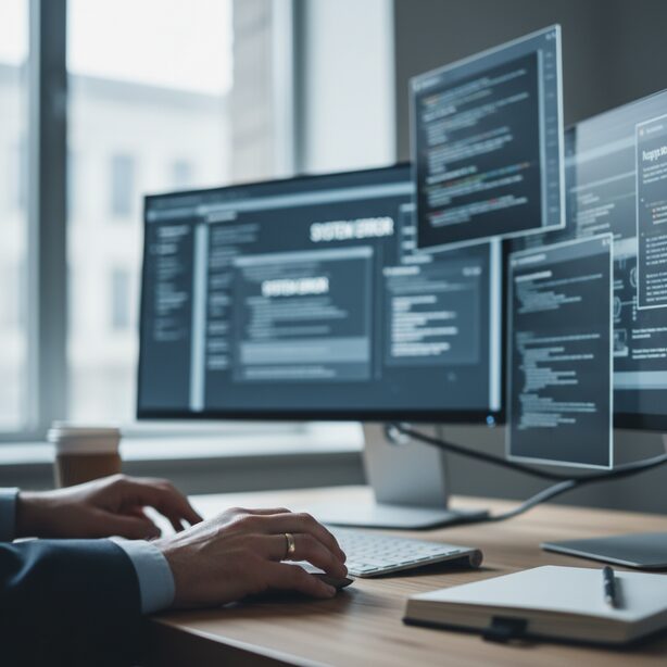 パソコンデスクでマウスのチャタリングに悩む人の手元。意図せずファイルが開くダブルクリック現象で作業が進まず困っている様子が、原因不明のトラブルに対するストレスを表現しており、直し方を探している状況。