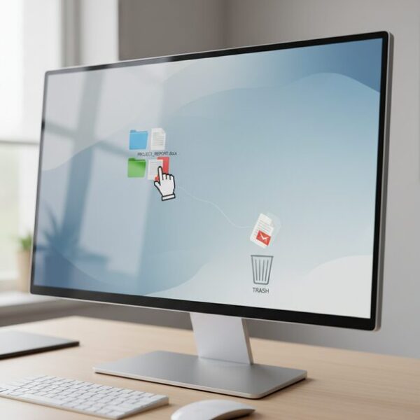 パソコン画面でファイルをドラッグ&ドロップしようとして失敗したマウスポインタの様子。マウスのチャタリングが原因で掴んでいたファイルが途中で落ちてしまい、意図しないダブルクリック症状のもどかしさを表現。