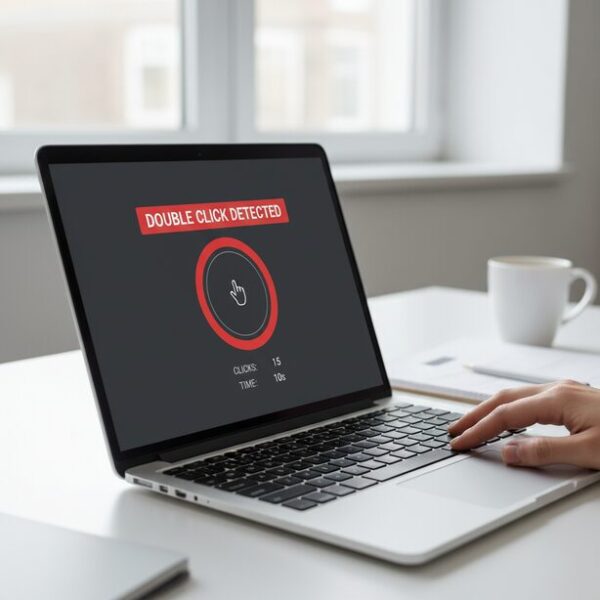 オンラインサイトでマウスのチャタリングをテストしているパソコン画面。1回のクリックでダブルクリックと判定され、異常を知らせる警告が表示されている。ソフトウェアを使った簡単な確認方法で症状を診断する様子。
