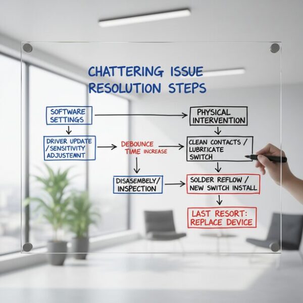 マウスのチャタリングの直し方をフローチャートで解説したホワイトボード。ソフトウェア設定の簡単な対処法から、分解修理、買い替えといった手順を段階的に示し、問題解決の全体像を分かりやすく整理している。