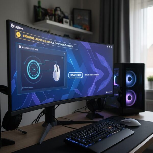 Logicool製マウスの専用ソフトウェア「G HUB」でファームウェア更新を行うパソコン画面。ドライバの不具合を解消しチャタリングを直す方法の一つであり、長い保証期間と並ぶLogicool製品のチェックポイント。