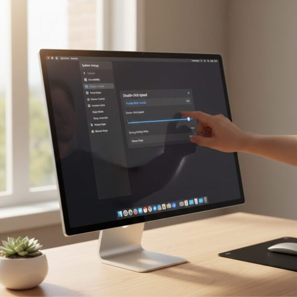 Macのシステム設定でマウスのダブルクリック間隔を「遅い」に調整している画面。macOSでのチャタリング対処法として、アクセシビリティ機能からポインタコントロール設定を変更し、症状を緩和させる方法。
