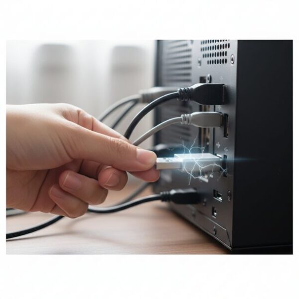 パソコンからマウスのUSBケーブルを抜き差しして静電気を放電している様子。乾燥した季節に起こりがちなチャタリングの原因に対する簡単な対処法で、PC本体の放電と合わせて行うことで症状の改善が期待できる。