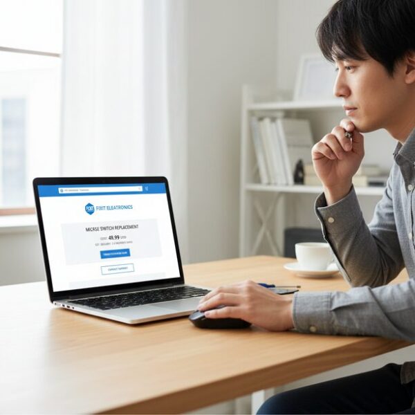 専門業者にマウス修理を依頼するため、パソコンで費用や注意点を確認している。チャタリングの根本原因であるマイクロスイッチ交換の料金を調べており、メーカー保証期間外の選択肢として検討している様子。