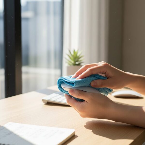 マウスをマイクロファイバークロスで優しく清掃し、チャタリングを防止している手元。強いクリックを避け、定期的な掃除を心がけるなど、日々の丁寧な使い方がマイクロスイッチの寿命を延ばすためのコツ。