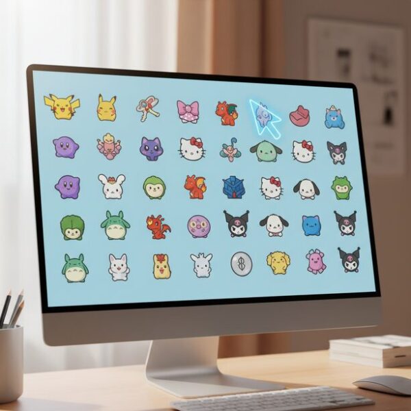 パソコンの画面に並んだ、おすすめのアニメやサンリオの人気キャラクターをモチーフにしたマウスカーソル。好きなデザインを選んで、WindowsやMacのデスクトップを楽しくカスタマイズする様子。