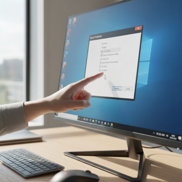Windowsの「マウスのプロパティ」画面で、ポインターの参照ボタンをクリックしようとしている様子。OSの設定手順を分かりやすく図解し、誰でも簡単にカーソルを変更できることを示す。
