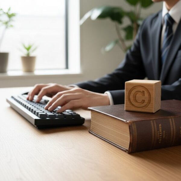 パソコンの横に置かれたコピーライトマークのオブジェと法律書。ファンが作成したキャラクターカーソルを、著作権を守りながら私的利用の範囲で安全に楽しむためのルール。