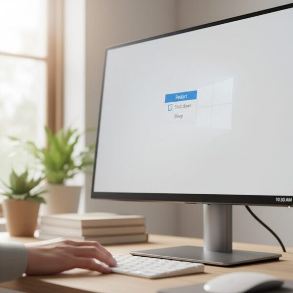 マウスカーソルが表示されないトラブルの基本的な対処法として、パソコンのモニターに表示された「再起動」を選択。システムの一時的な不具合をリセットする最も効果的な解決策。
